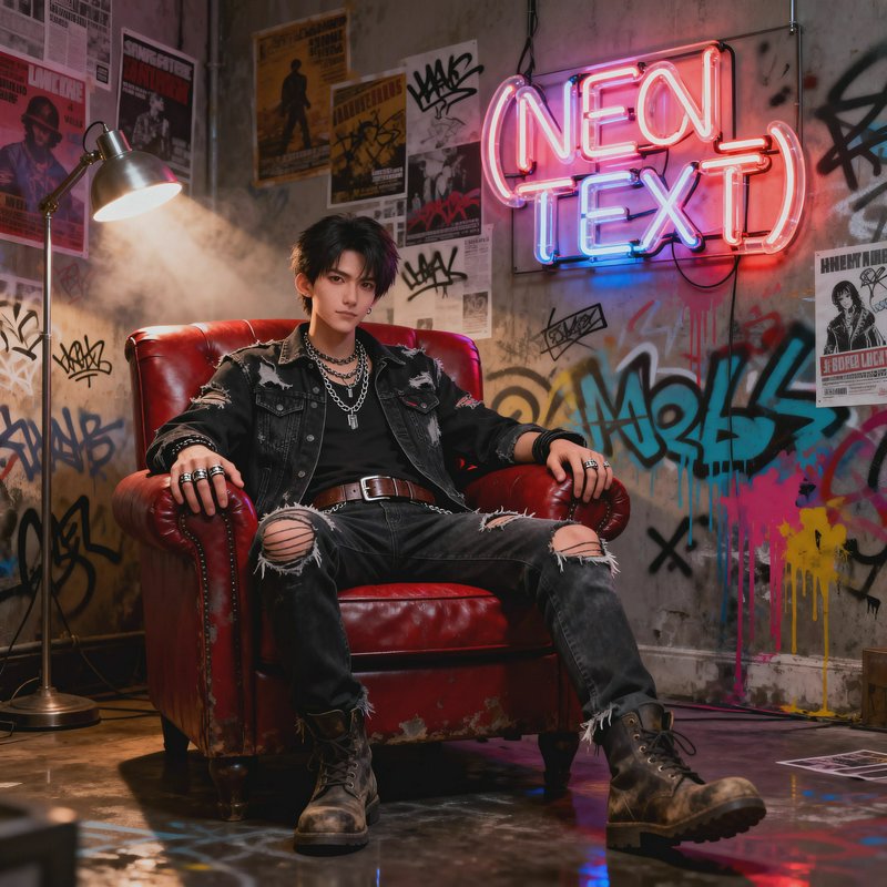 Young man in ripped black denim with chains sits in a red leather armchair amid graffiti and a neon sign.