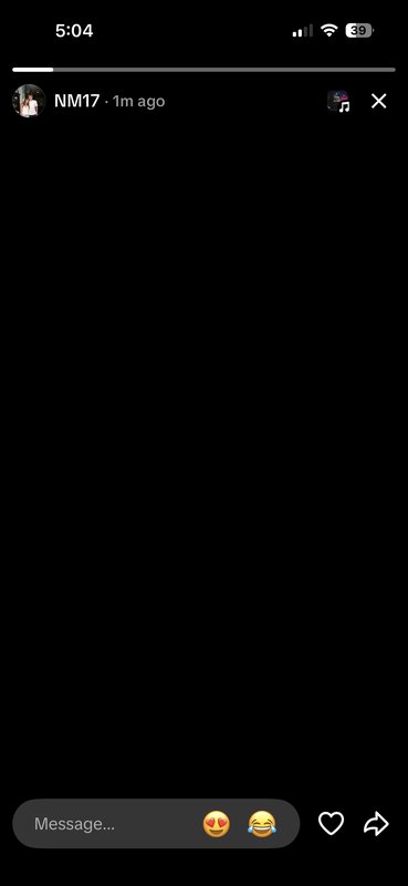 Screenshot of blank all-black social media story interface, posted by user NM17 1 minute ago.