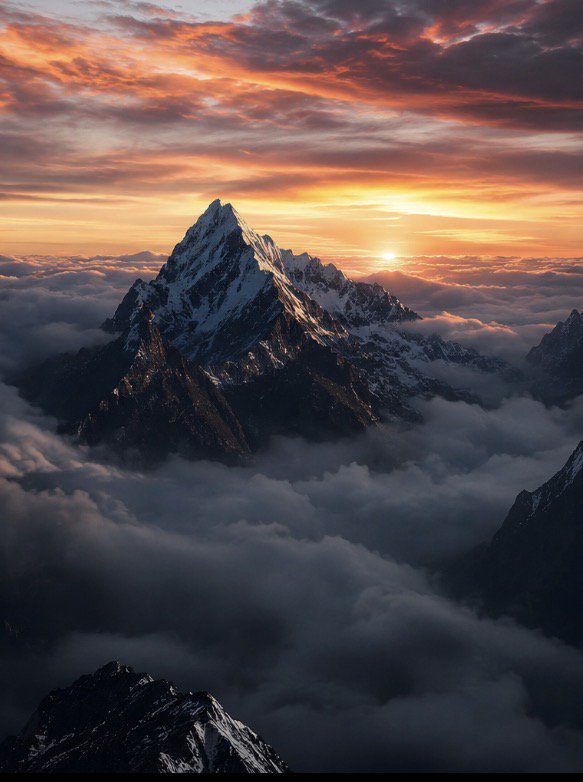 Jagged snow-capped mountain peak rises above a sea of clouds beneath a fiery orange sunset sky.