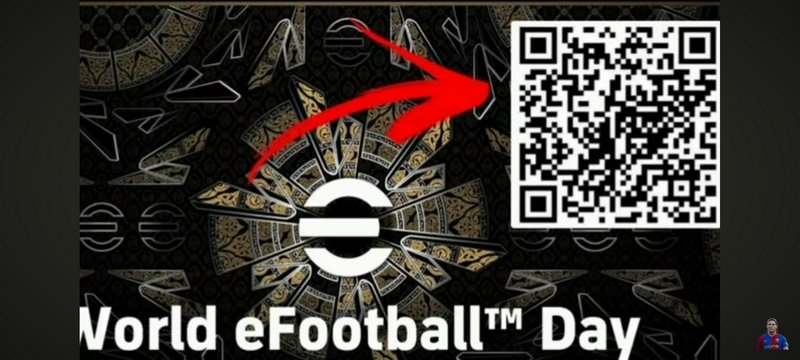 World eFootball Day promotional graphic with red arrow pointing to scannable QR code on decorativ...