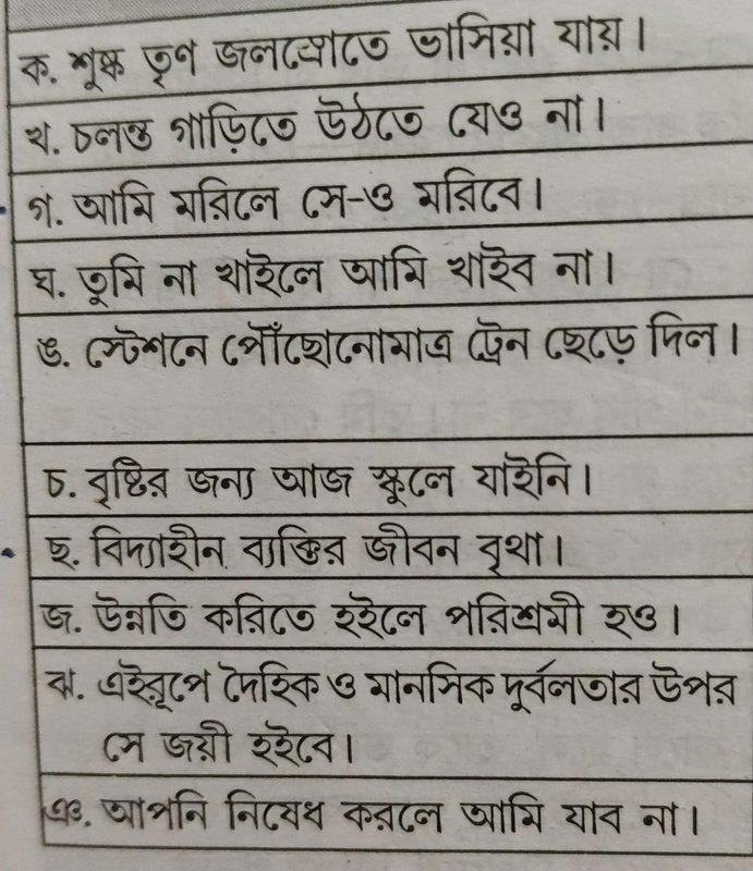 Close up of printed Bengali language grammar exercise worksheet listing labeled sentence examples...