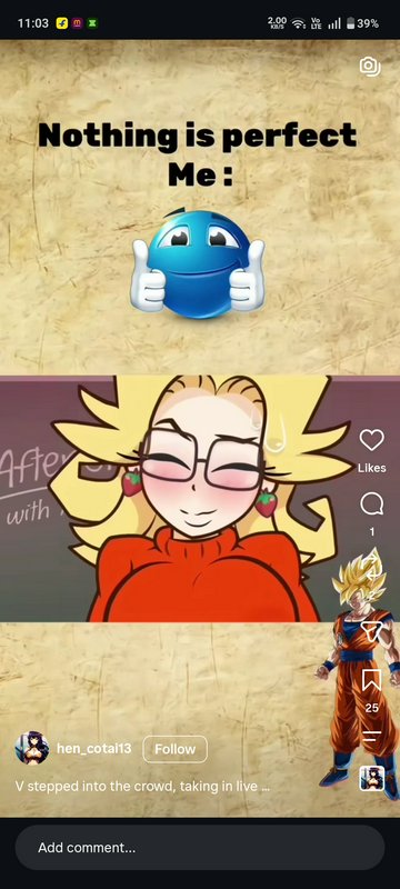 Instagram meme post with "nothing is perfect" joke, blue thumbs up emoji, Dragon Ball fanart, flo...