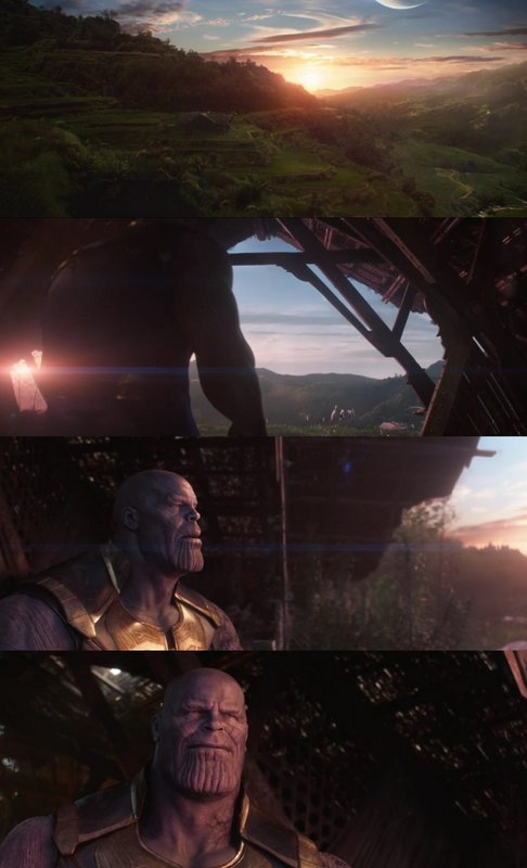 4-panel vertical sequential still of Thanos on his peaceful alien farm at sunset, from Avengers E...