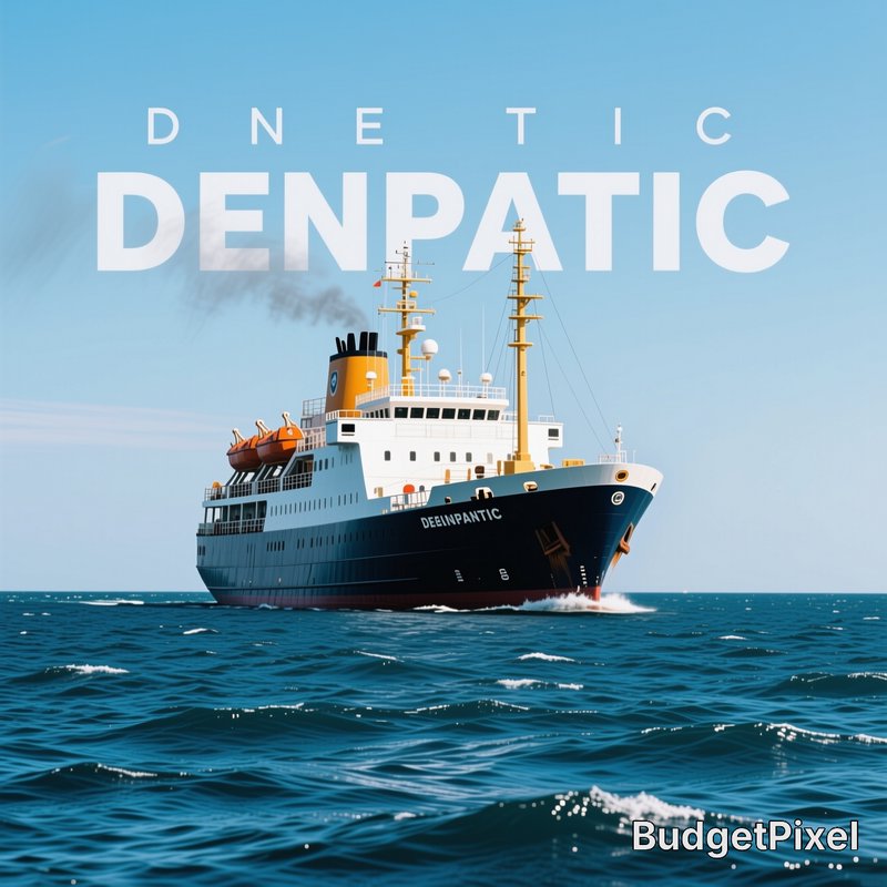 Stylized passenger cruise ship sailing on bright blue open ocean, with overlaid DENPATIC text und...