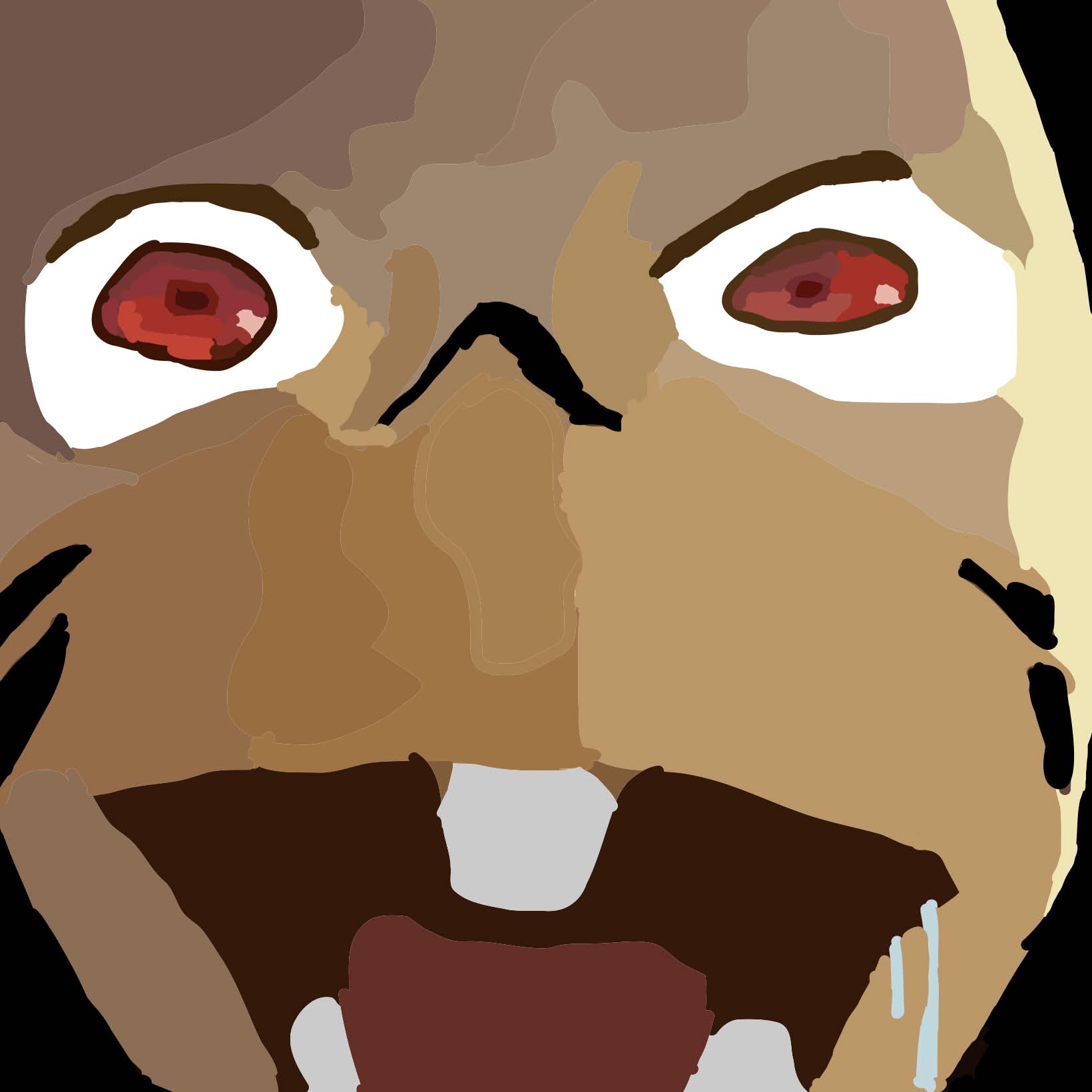 Close-up digital illustration of a drooling zombie face with bulging red eyes and open mouth