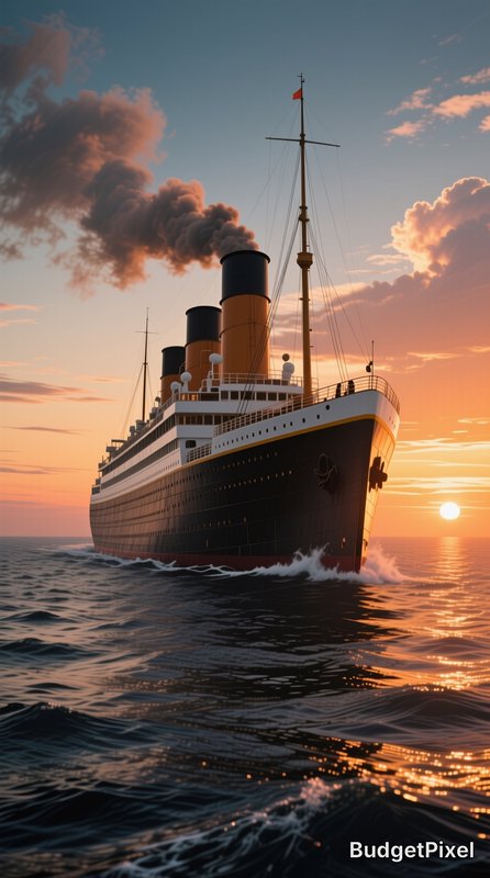 Vintage Titanic-style ocean liner steams across open ocean, smoke billowing from funnels at golde...