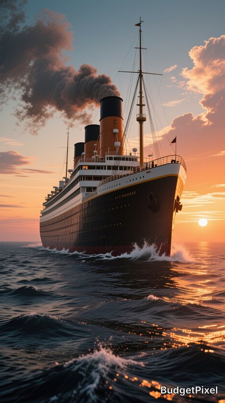 Historic Titanic-style ocean liner sails across rolling ocean at warm golden sunset, smoke rising...