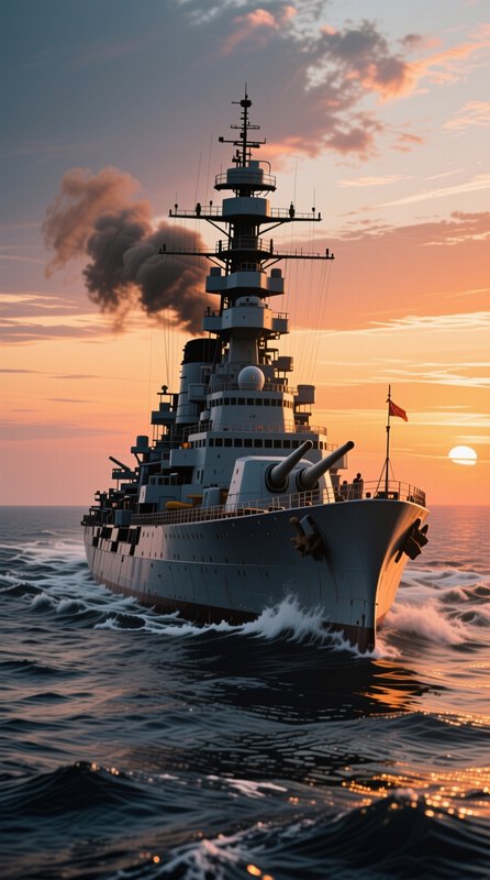 Grey battleship cuts through rolling open ocean, smoke trailing from its funnel, under a vibrant ...