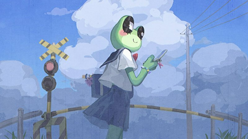 Anthropomorphic frog schoolgirl in sailor uniform checks her phone while waiting at a rural railr...