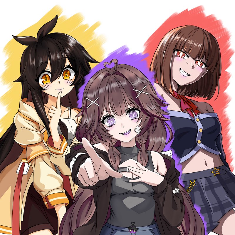Three expressive anime female characters pose in a group portrait against colorful brush stroke b...