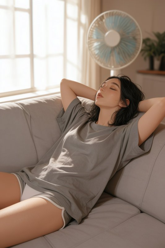 Relaxed young woman with eyes closed reclining on a sunlit light grey sofa