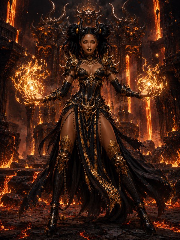 Horned dark fantasy demon sorceress holds glowing fire magic orbs while standing in a burning lav...