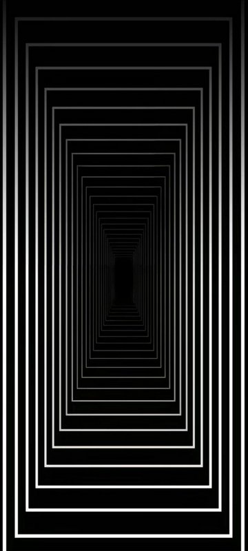 Black and white op art of nested receding outlined rectangles creating a vertical infinite tunnel optical illusion.