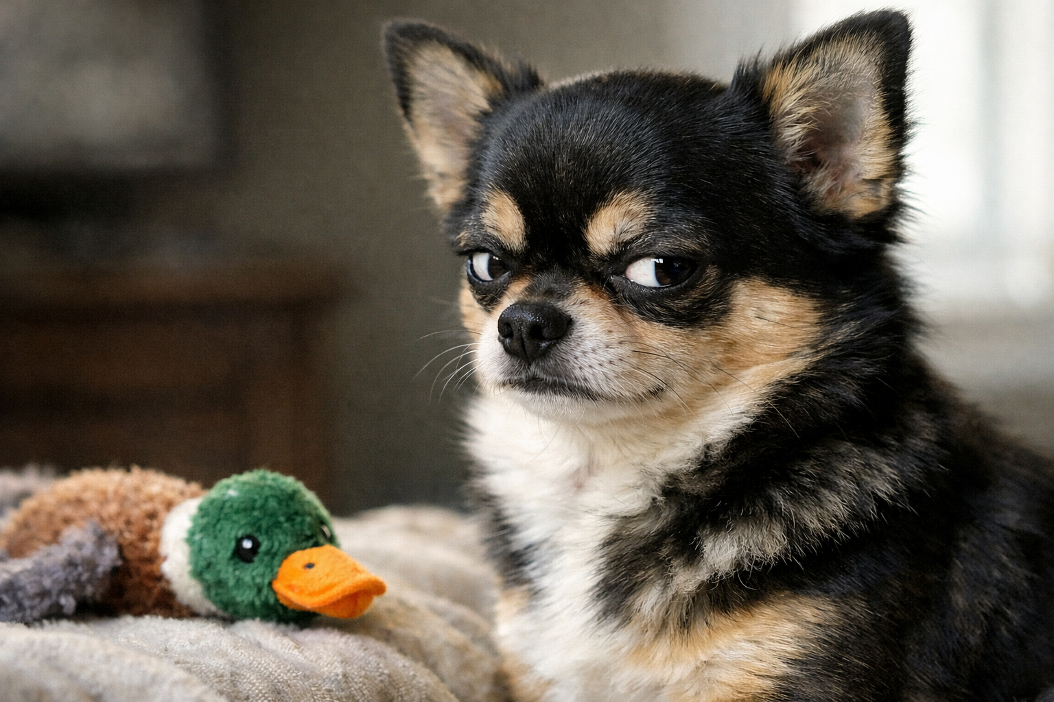 Small black and tan chihuahua with a skeptical expression beside a plush duck toy