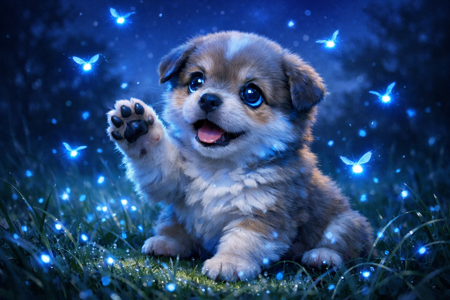 Adorable fluffy puppy raising paw among glowing blue fireflies at night.
