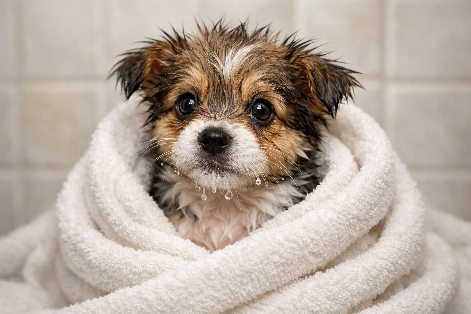 Adorable wet puppy wrapped in a fluffy white towel after a bath