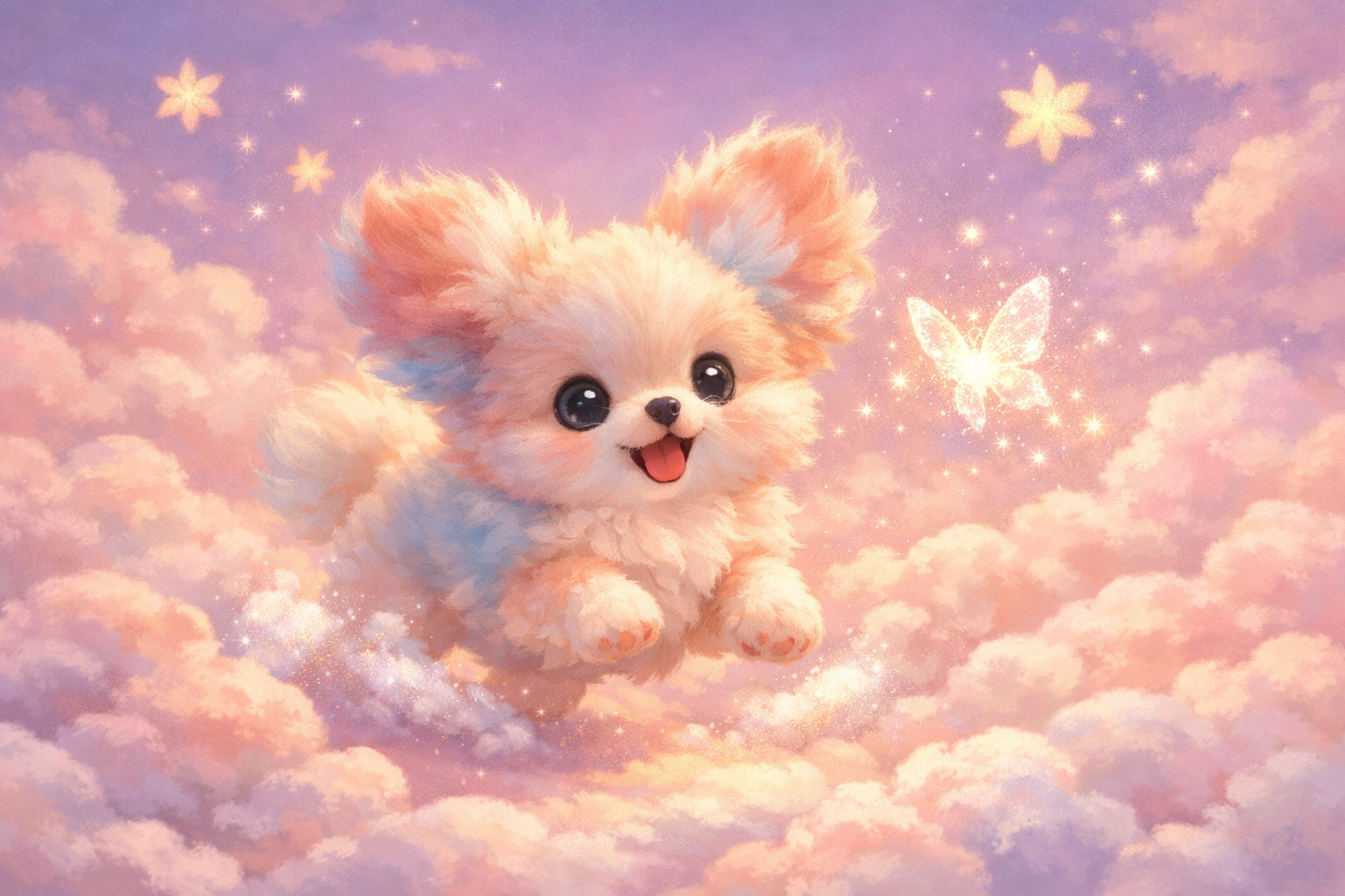 Cute fluffy puppy flying among pink clouds in a pastel sky.