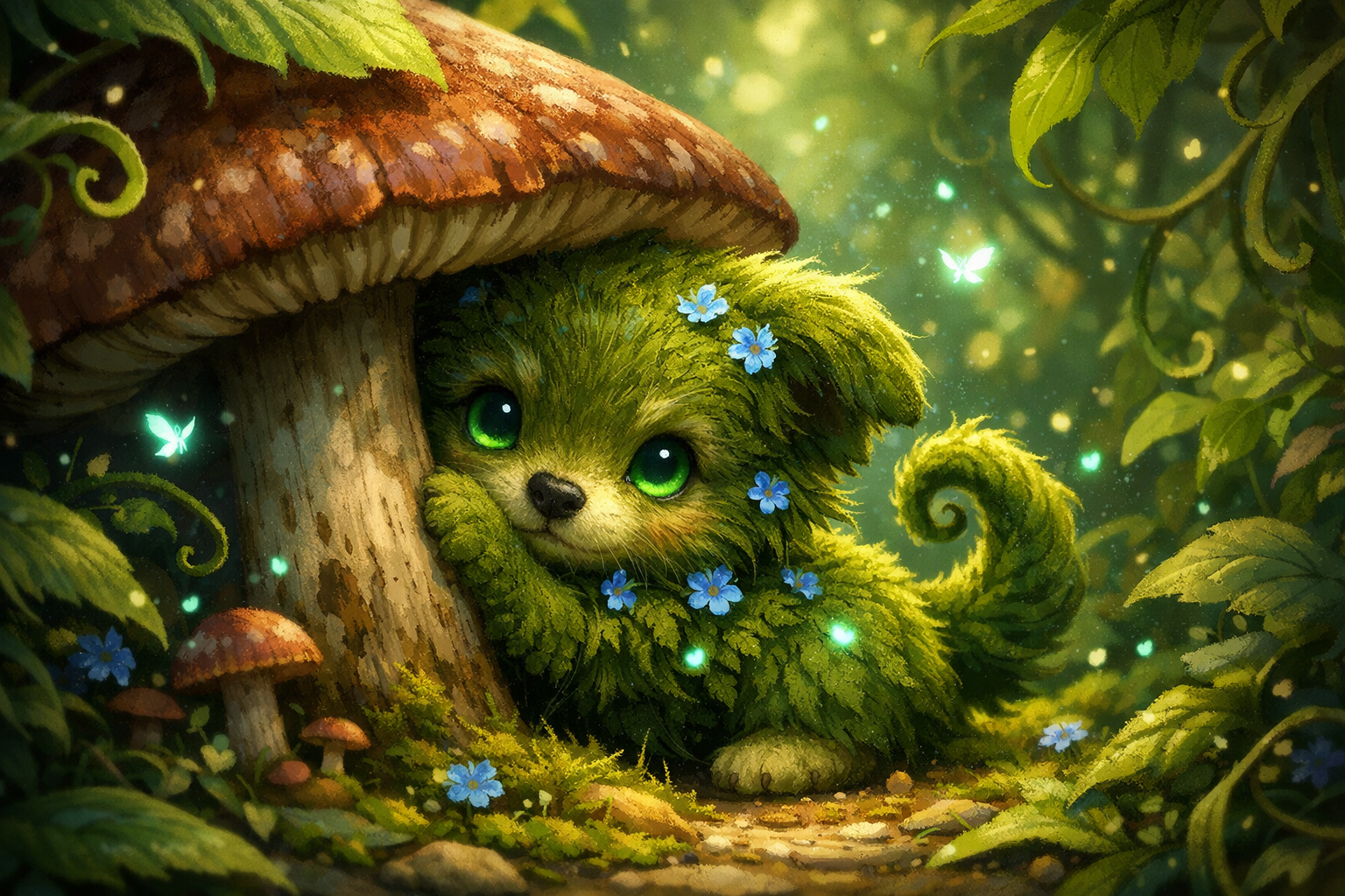 Adorable moss-green creature peeking from under a large mushroom in a magical forest