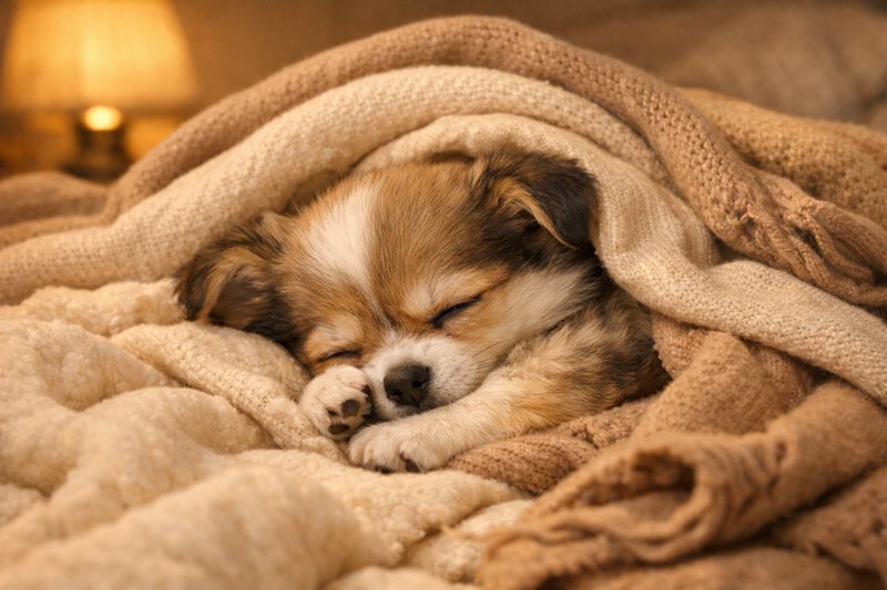A small fluffy puppy sleeping peacefully under cozy beige and brown blankets.