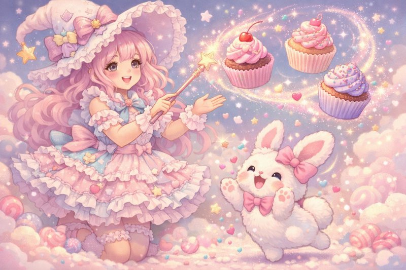 Pastel anime-style girl with a magical wand and a cute bunny among cupcakes in a dreamy sky