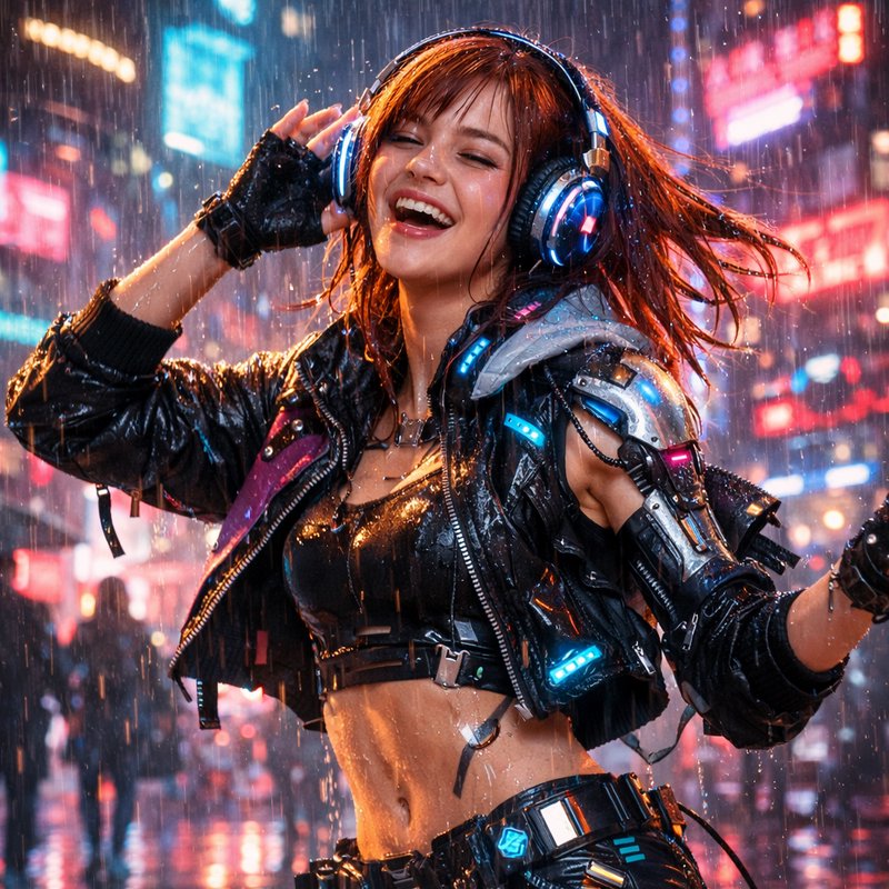 Woman in neon-lit cyberpunk outfit dancing in the rain with headphones in a city at night