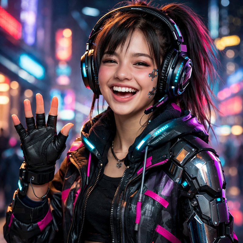 Smiling young woman in neon-lit cyberpunk outfit with headset and armored jacket