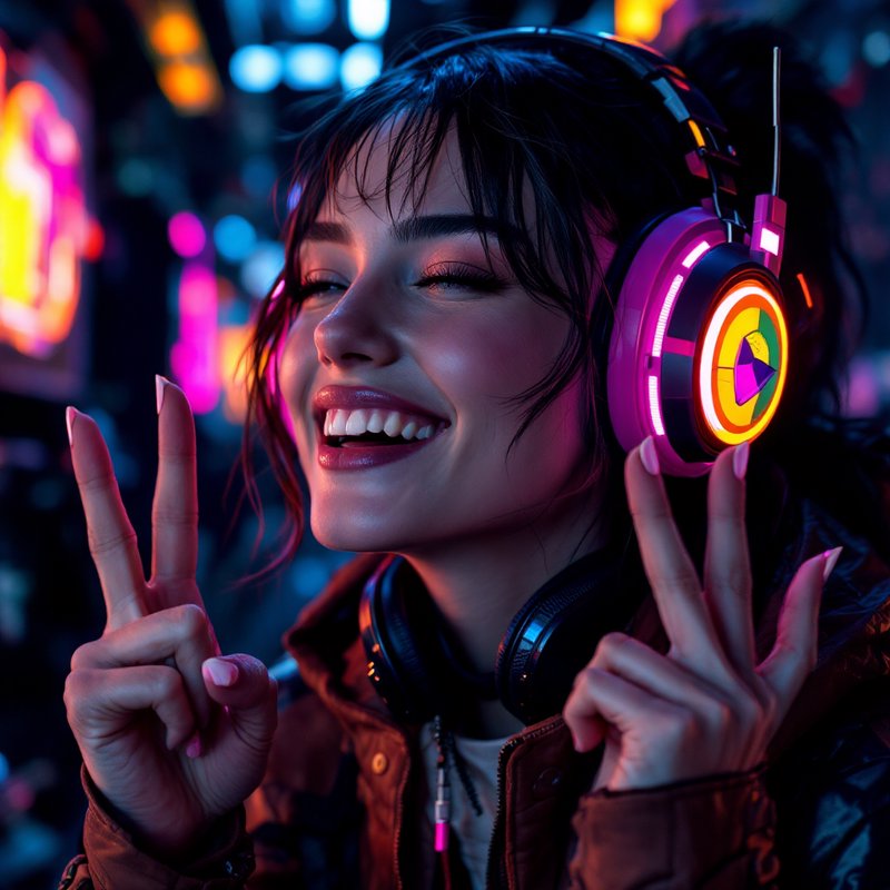 Smiling young woman wearing neon RGB gaming headset with pink-purple lights in the background.
