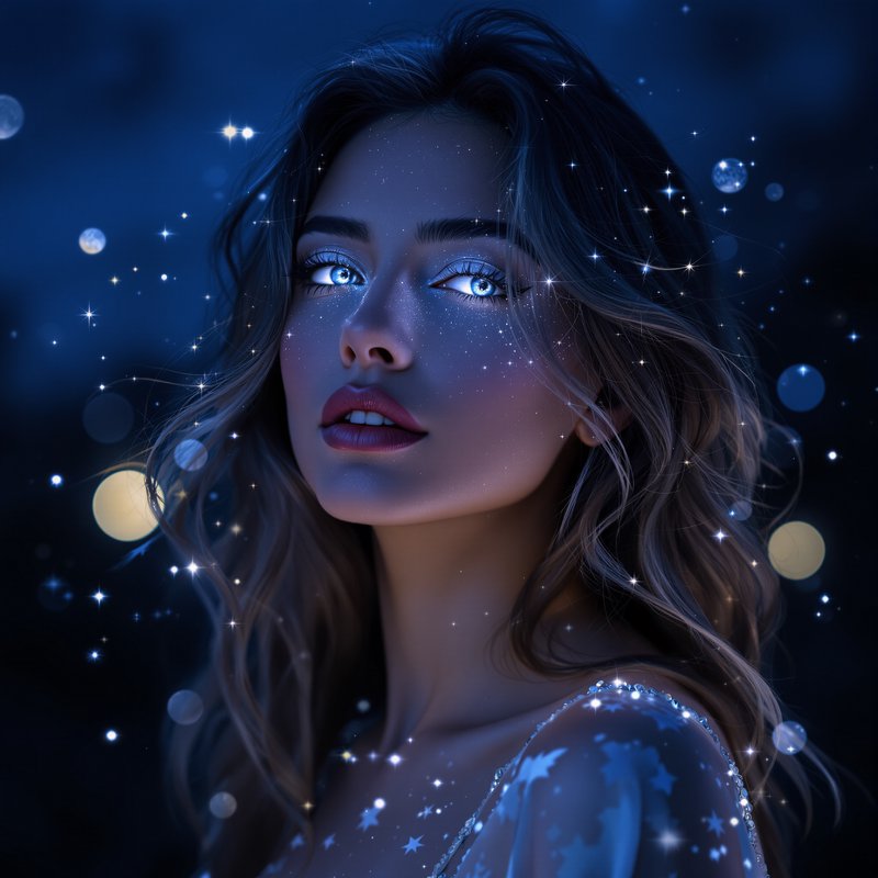 Ethereal portrait of a woman with starry makeup and blue glow in a night atmosphere