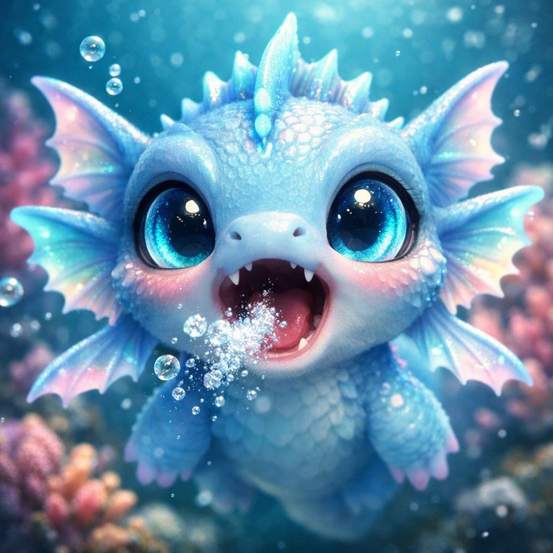 Cute blue underwater dragon hatchling with big eyes and open mouth, bubbles around.