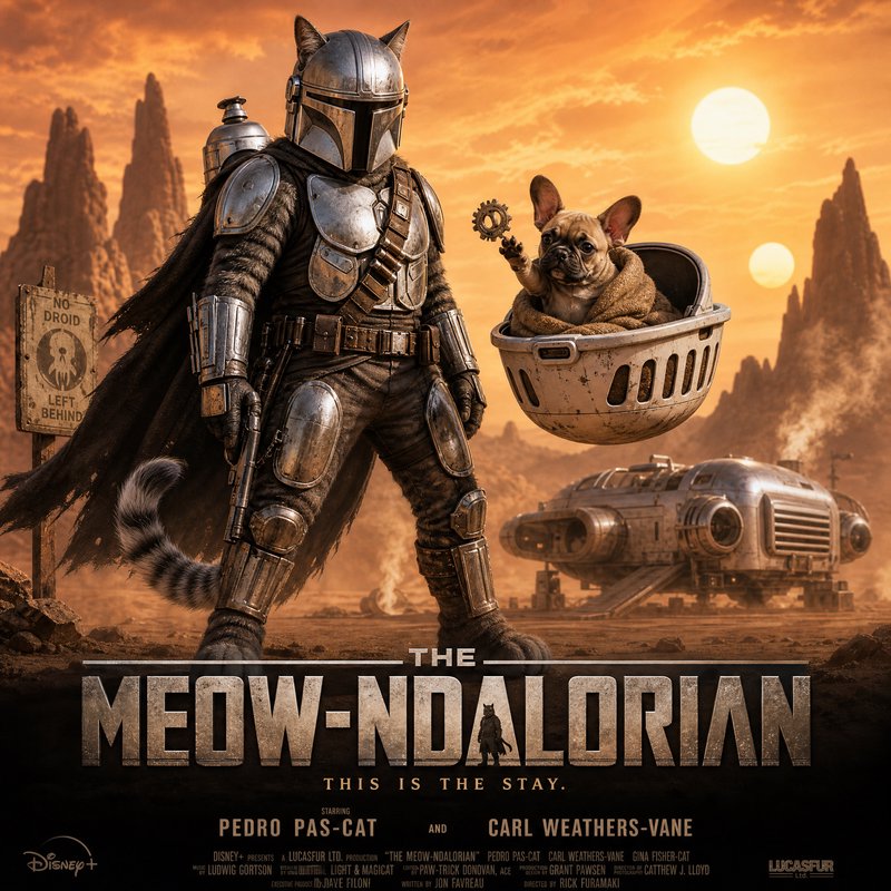 Mandalorian-style armored figure with a cat in a basket on a desert planet at sunset.