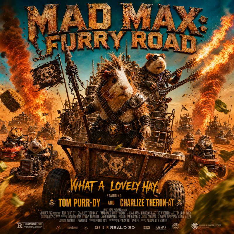 A chaotic dystopian poster featuring armored hamsters on rugged vehicles amid fire and dust.