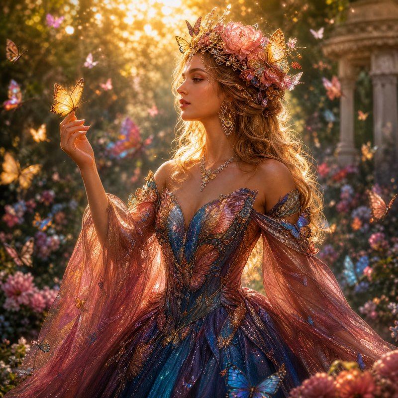 Ethereal fairy queen in an ornate butterfly gown holds a glowing butterfly, surrounded by flutter...