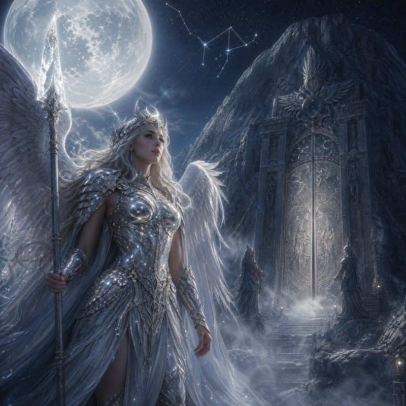 Winged silver armored fantasy valkyrie holds a crystal spear beside ornate celestial mountain gat...