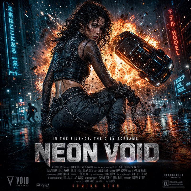 Neon Void sci-fi movie poster of fierce chain-wielding female warrior kneeling before an explodin...