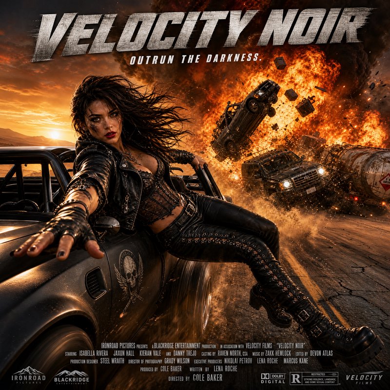 Velocity Noir action movie poster, leather-clad heroine on speeding car with fiery highway explos...