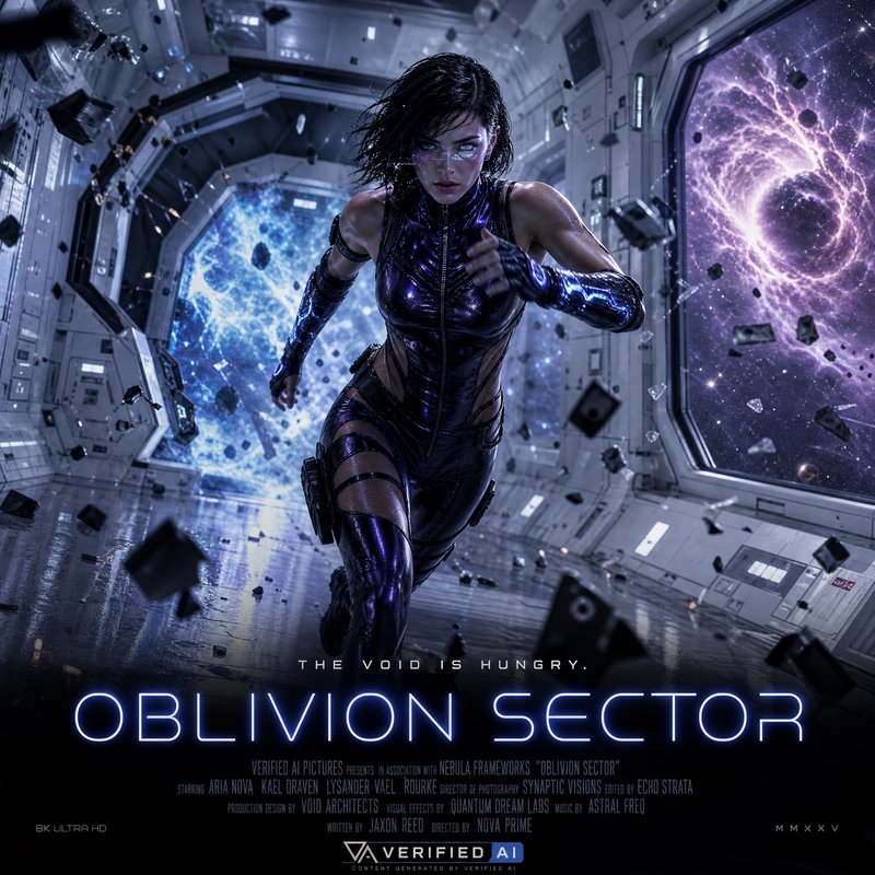 Sci-fi Oblivion Sector movie poster, featuring a cybernetic heroine running through a damaged zer...