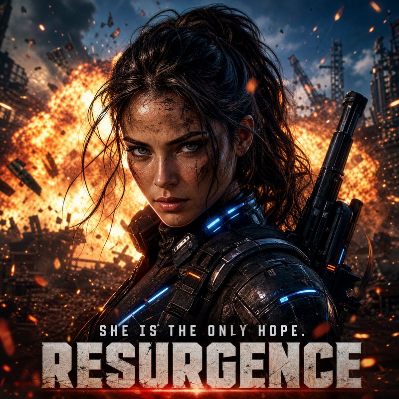 Resurgence sci-fi movie poster of battle-worn female futuristic soldier against burning exploding...