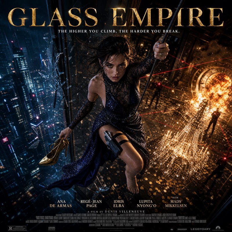 Glass Empire action thriller movie poster, lead character climbing from a shattered skyscraper wi...