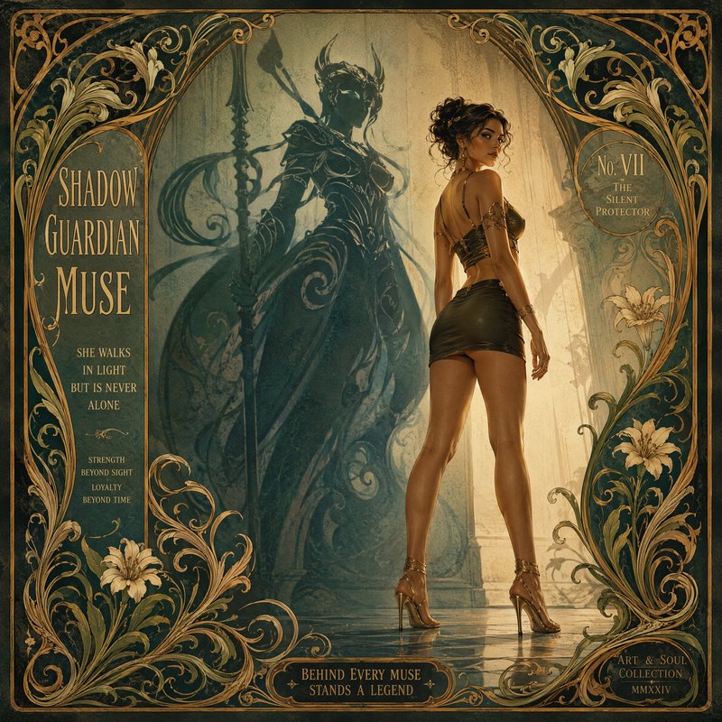 Ornate Art Nouveau "Shadow Guardian Muse" illustration of a woman with her ethereal armored guard...