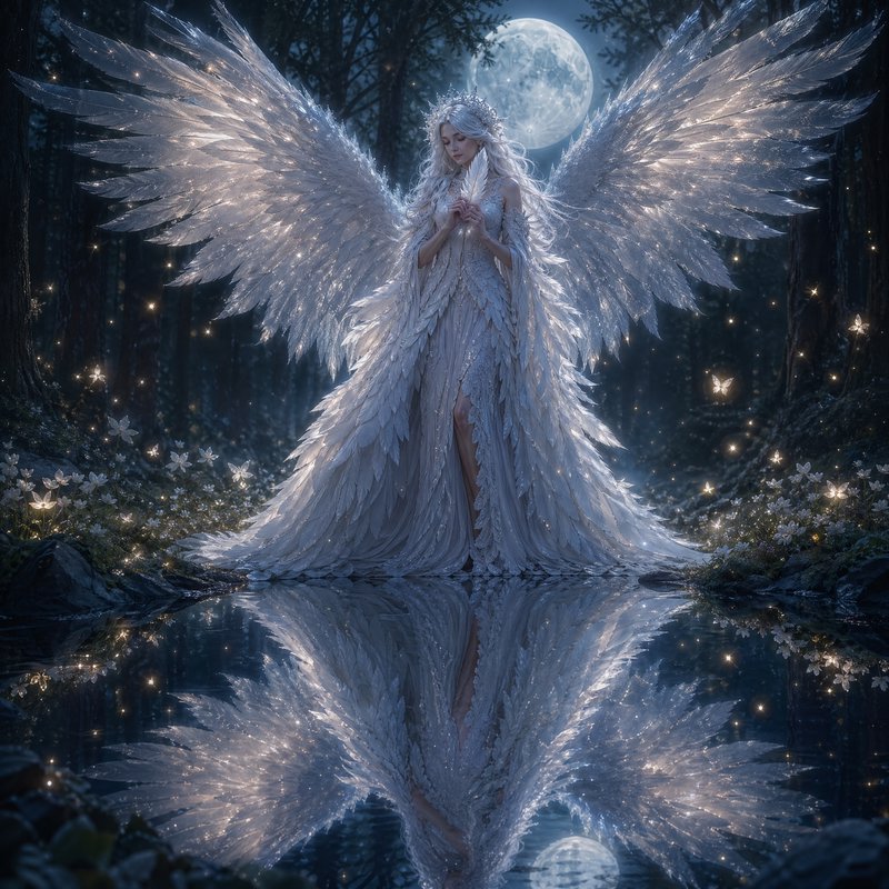 Ethereal white feathered angel stands at a moonlit forest pond, her sparkling wings perfectly ref...