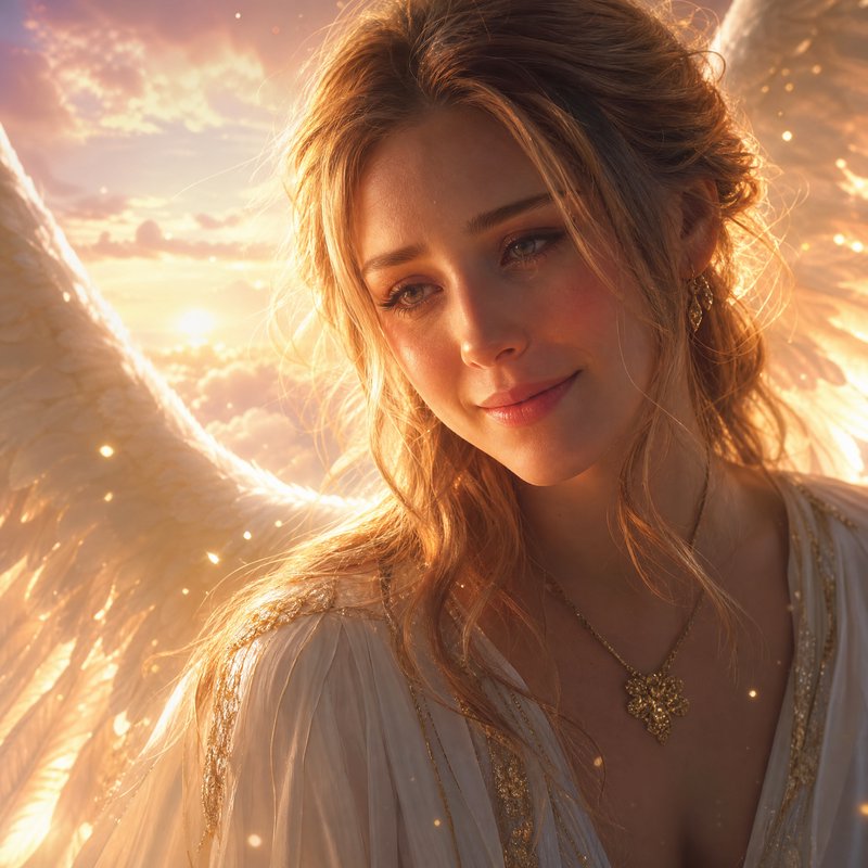 Close-up portrait of a serene golden-haired angel with luminous feathered wings, glowing golden s...