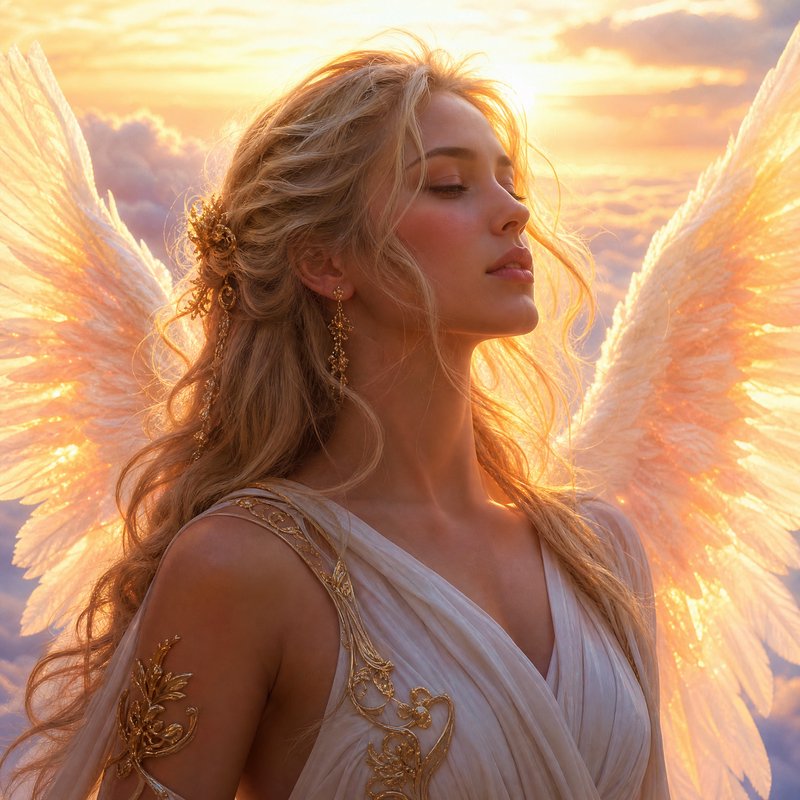 Serene blonde guardian angel with glowing feathered wings, eyes closed, backlit by golden sunset ...