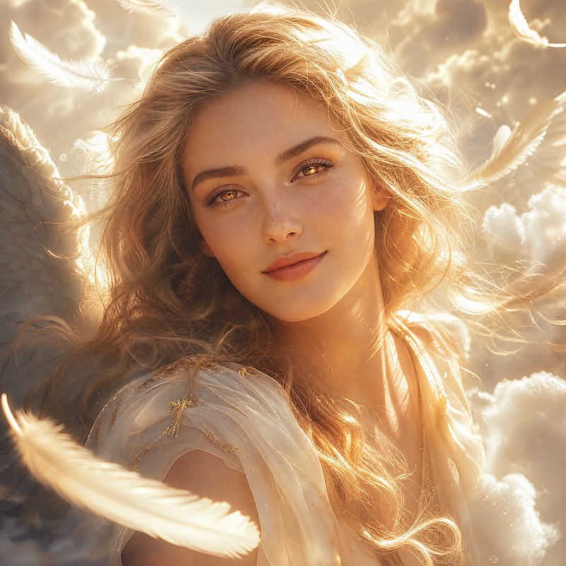 Portrait of a serene blonde angel, glowing golden sunlight, floating feathers against a fluffy he...