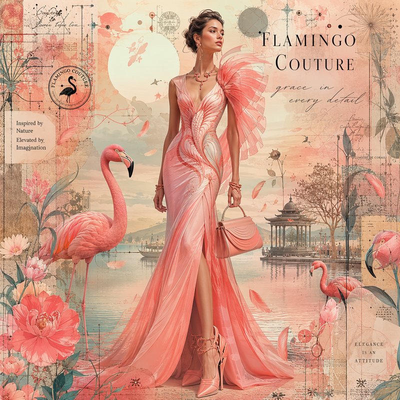 Vintage collage fashion illustration of model in pink feathered couture gown alongside pink flami...