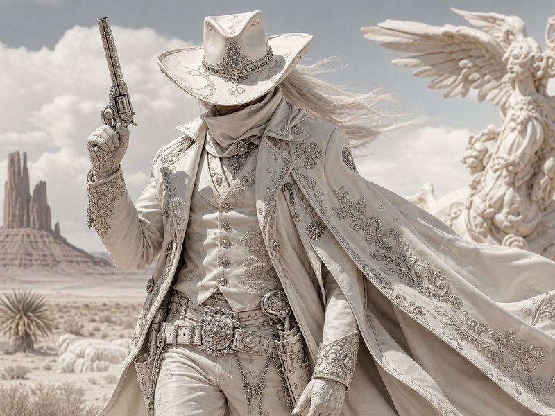 Ornate all-white fantasy gunslinger holds an engraved revolver standing in a hazy desert next to ...