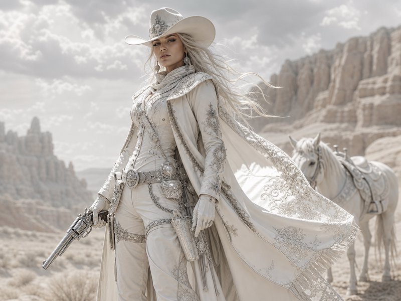 Platinum blonde female gunslinger in ornate white western wear holds a revolver beside her horse ...