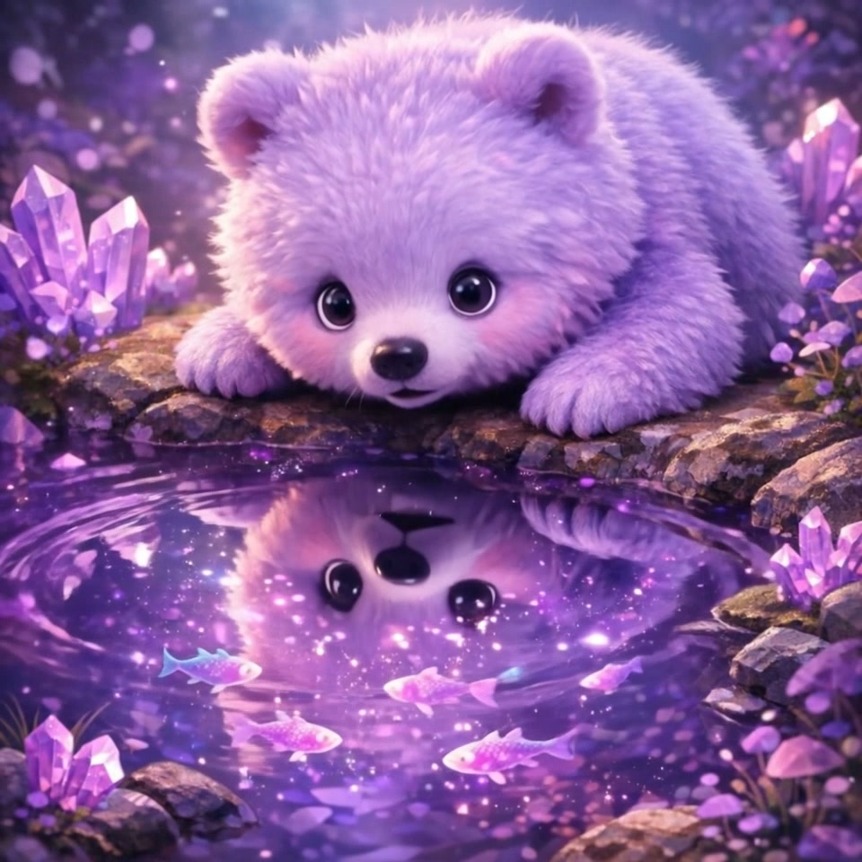 Cute lavender puppy peering at its reflection in a purple crystal pond.
