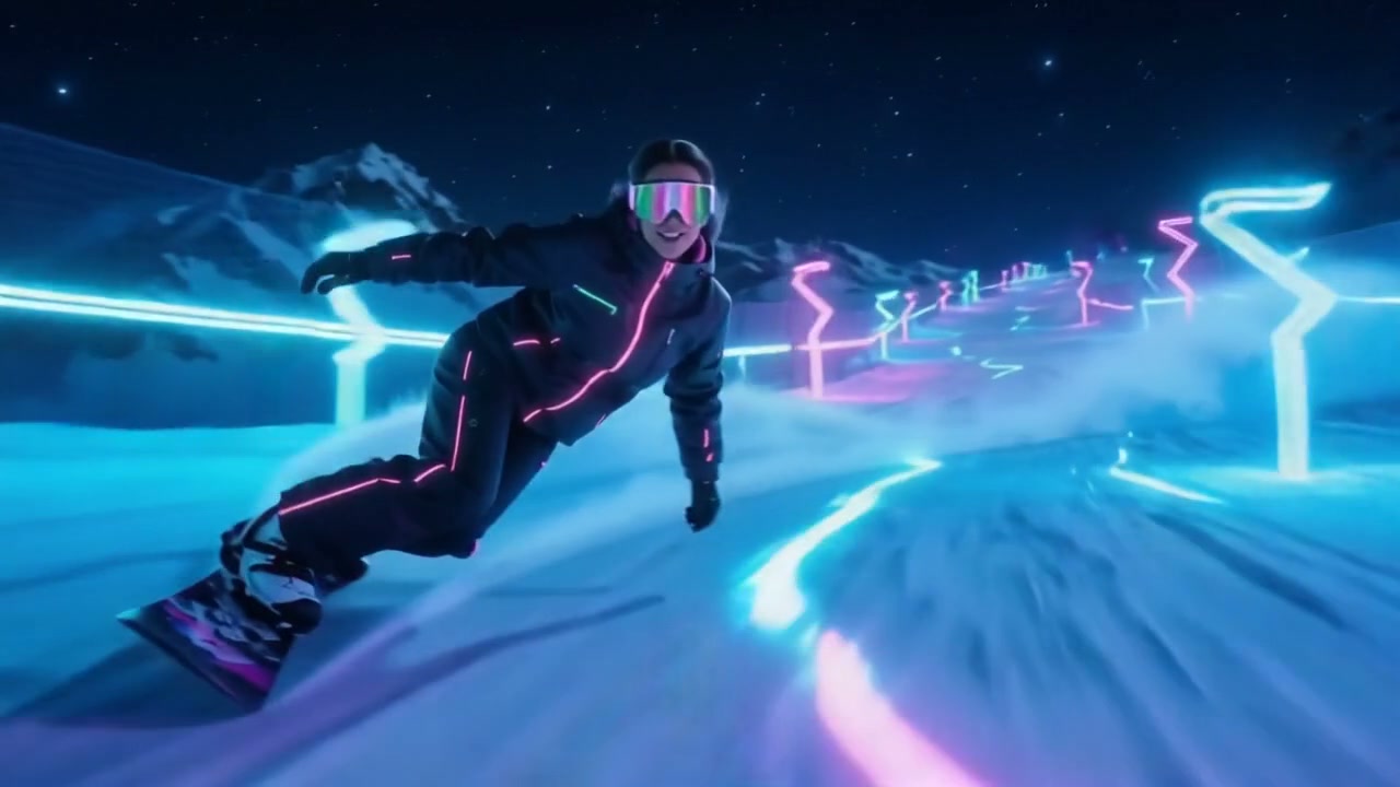 Neon-lit snowboarder carving a futuristic, starry-night slope with glowing pink-blue trails.