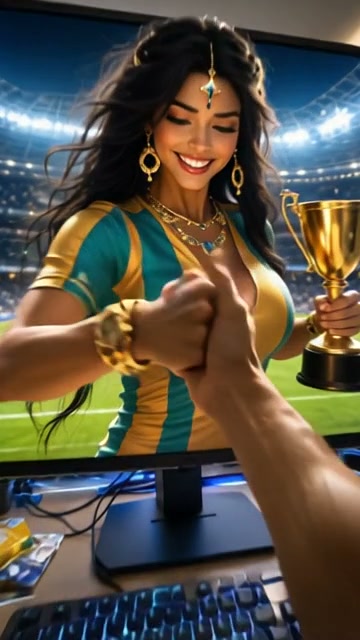 POV shot of user shaking hands with a female champion holding a gold trophy emerging from a gamin...
