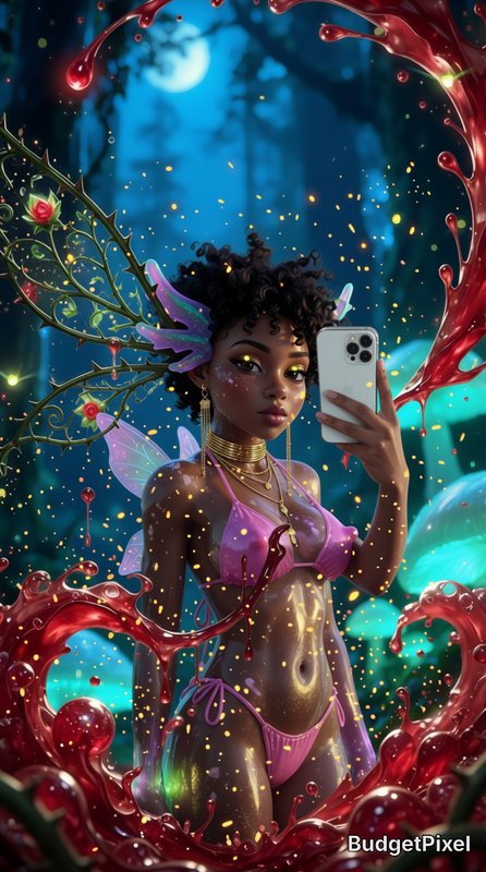 Dark-skinned fantasy fairy takes a smartphone selfie in a moonlit enchanted forest framed by glos...